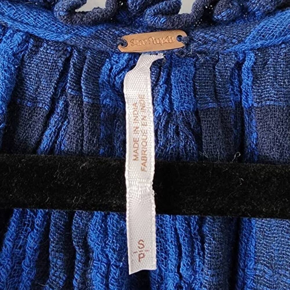 Free People Honey Grove Plaid Top Gauze Bell Sleeve Pleated Blouse in Black Blue - Picture 7 of 10